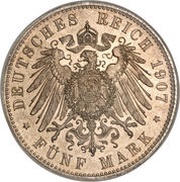 5 Mark - Frederick August III, Germany, 1907-1914 reverse image