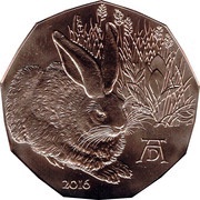 5 Euros Duerer's Young Hare, Austria, 2016 reverse image