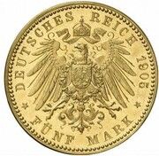 5 Mark - William II Gold pattern strike, Germany, 1905 reverse image