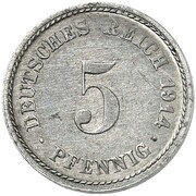 5 Pfennig - Wilhelm II type 2 - small shield - Pattern, Germany, 1914 reverse image