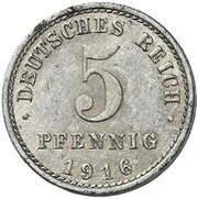 5 Pfennig - Wilhelm II type 2 - small shield - Pattern, Germany, 1916 reverse image