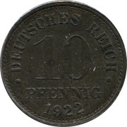 10 Pfennig - Wilhelm II type 2 - small shield; beaded border, Germany, 1916-1922 reverse image