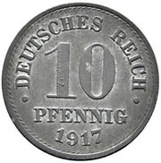 10 Pfennig - Wilhelm II type 2 - small shield; beaded border, Germany, 1917 reverse image