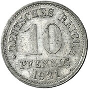 10 Pfennig - Wilhelm II type 2 - small shield - Pattern, Germany, 1921 reverse image