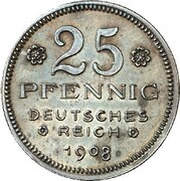 25 Pfennig - Wilhelm II Pattern, Germany, 1908 reverse image