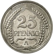 25 Pfennig - Wilhelm II Pattern, Germany, 1909 reverse image