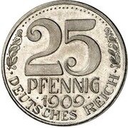 25 Pfennig - Wilhelm II Pattern, Germany, 1909 reverse image