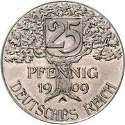 25 Pfennig - Wilhelm II Pattern, Germany, 1909 reverse image