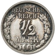 ½ Mark - Wilhelm II type 2 - small shield - Pattern, Germany, 1901 reverse image