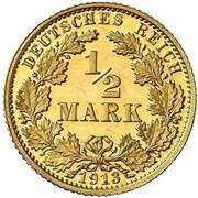 ½ Mark - Wilhelm II type 2 - small shield - Pattern, Germany, 1913 reverse image
