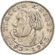 2 Reichsmark Martin Luther - Mule, Germany, 1933 reverse image