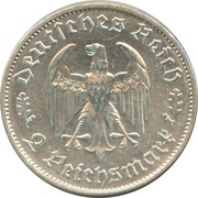 2 Reichsmark Friedrich Schiller, Germany, 1934 reverse image