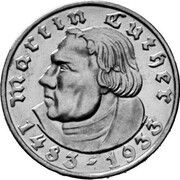 5 Reichsmark Martin Luther - Mule Pattern, Germany, 1936 reverse image