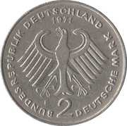 2 Deutsche Mark Theodor Heuss, Germany, 1970-1987 reverse image