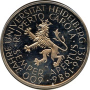 5 Deutsche Mark Universität Heidelberg, Germany, 1986 reverse image