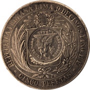 1 Peso Counterstamped coinage, Guatemala, 1894 reverse image