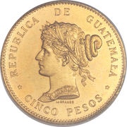 5 Pesos Pattern strike, Guatemala, 1894 reverse image
