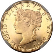 5 Pesos Pattern strike, Guatemala, 1894 reverse image