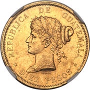 10 Pesos Pattern strike, Guatemala, 1894 reverse image