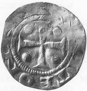 Denier - Conrad II Minden mint; two figures, Holy Roman Empire, 1024-1039 reverse image