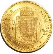 10 Francs / 4 Forint - Francis Joseph I, Hungary, 1880-1890 reverse image