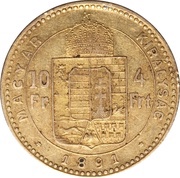 10 Francs / 4 Forint - Francis Joseph I, Hungary, 1890-1892 reverse image