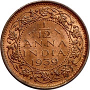 1⁄12 Anna - George VI, India, 1938-1939 reverse image