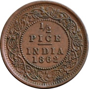½ Pice - Victoria, India, 1862-1875 reverse image