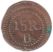 15 Réis - ¼ Tanga - Pedro V Damão Mint, India, 1854 reverse image