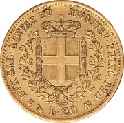 20 Lire - Victor Emmanuel II, Italy, 1850-1861 reverse image