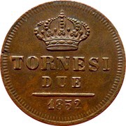2 Tornesi - Ferdinando II 2nd portrait, Italy, 1838-1856 reverse image