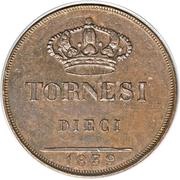 10 Tornesi - Ferdinando II 2nd portrait, Italy, 1839-1851 reverse image