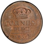 10 Tornesi - Ferdinando II 3rd portrait, Italy, 1851-1859 reverse image