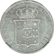 120 Grana - Ferdinando II 4th portrait, Italy, 1851-1859 reverse image
