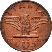 5 Centesimi - Victor Emmanuel III first type; trial strike, Italy, 1936 reverse image
