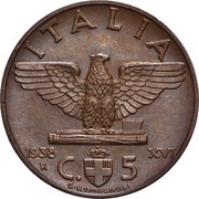 5 Centesimi - Victor Emmanuel III, Italy, 1936-1939 reverse image