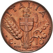 10 Centesimi - Victor Emmanuel III first type; trial strike, Italy, 1936 reverse image
