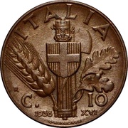 10 Centesimi - Victor Emmanuel III, Italy, 1936-1943 reverse image