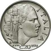 20 Centesimi - Victor Emmanuel III non-magnetic; smooth edge reverse image