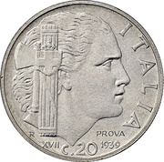 20 Centesimi - Victor Emmanuel III magnetic; trial strike reverse image