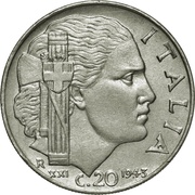 20 Centesimi - Victor Emmanuel III magnetic; reeded edge reverse image