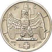 1 Lira - Victor Emmanuel III Trial strike, Italy, 1936 reverse image