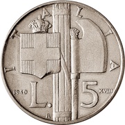 5 Lire - Victor Emmanuel III Pattern strike, Italy, 1940 reverse image