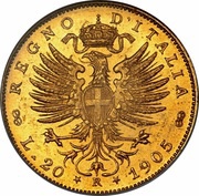 20 Lire - Victor Emmanuel III, Italy, 1902-1908 reverse image