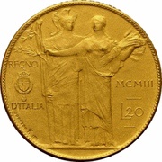 20 Lire - Victor Emmanuel III Stab. Johnson Pattern Strike, Italy, 1903 reverse image