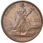 20 Lire - Victor Emmanuel III, Italy, 1907 reverse image