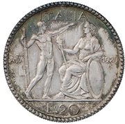 20 Lire - Victor Emmanuel III, Italy, 1927 reverse image