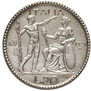 20 Lire - Victor Emmanuel III, Italy, 1927 reverse image