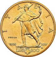 100 Lire "Littore" - Victor Emmanuel III Large issue, trial strike, Italy, 1936 reverse image