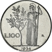 100 Lire Large type; trial strike, Italy, 1954 reverse image